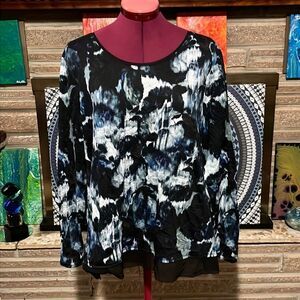 Vera Wang Blue & Black Printed Long Sleeve Layered Look Tunic Size PXL